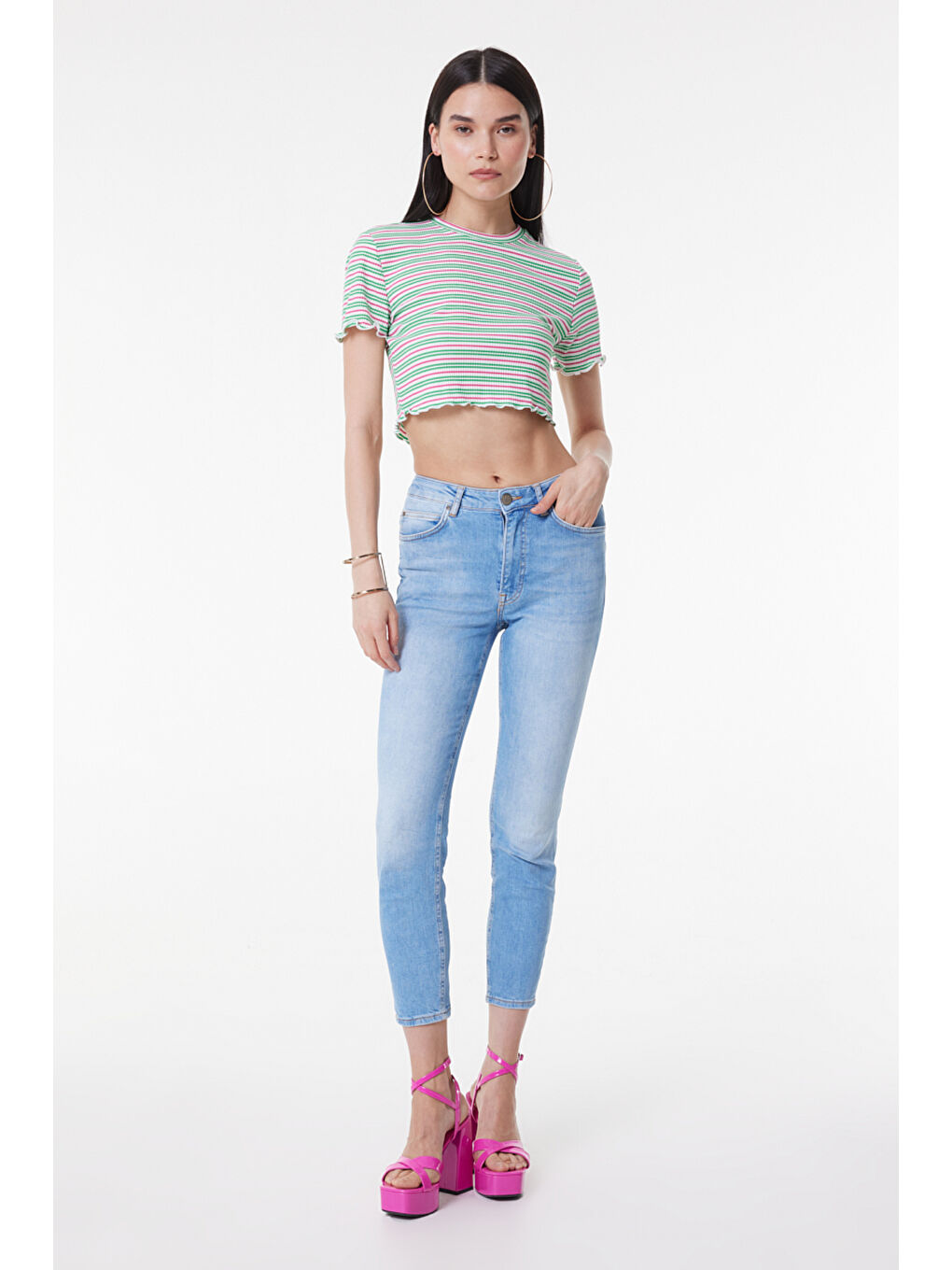 Karışık Slim Fit Dar Kesim Bisiklet Yaka Kısa Kollu Crop Renkli Esnek Tişört-2