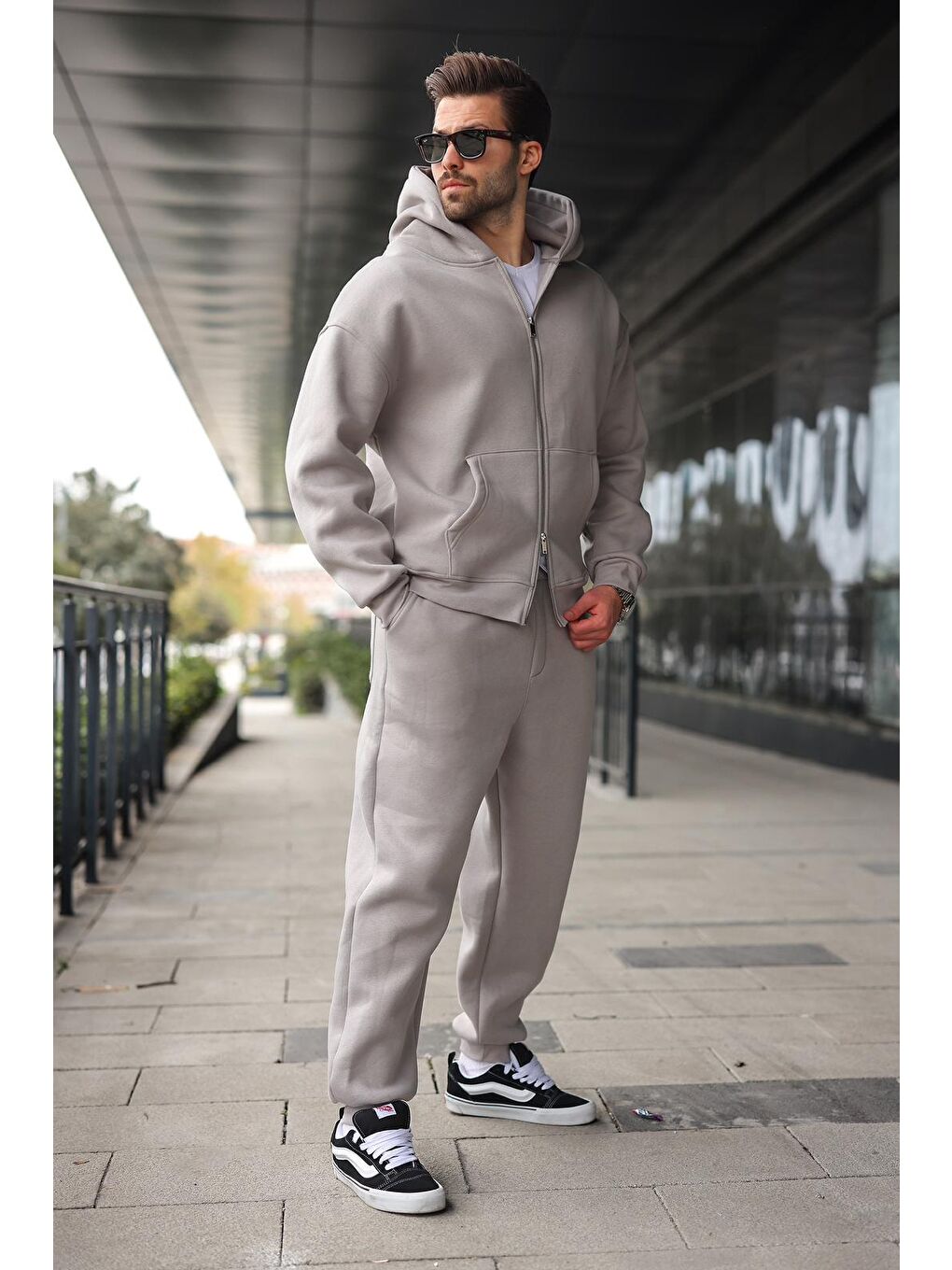 Boyalı Gri Çift Fermuarlı Kapüşonlu Eşofman Takımı E7345-2