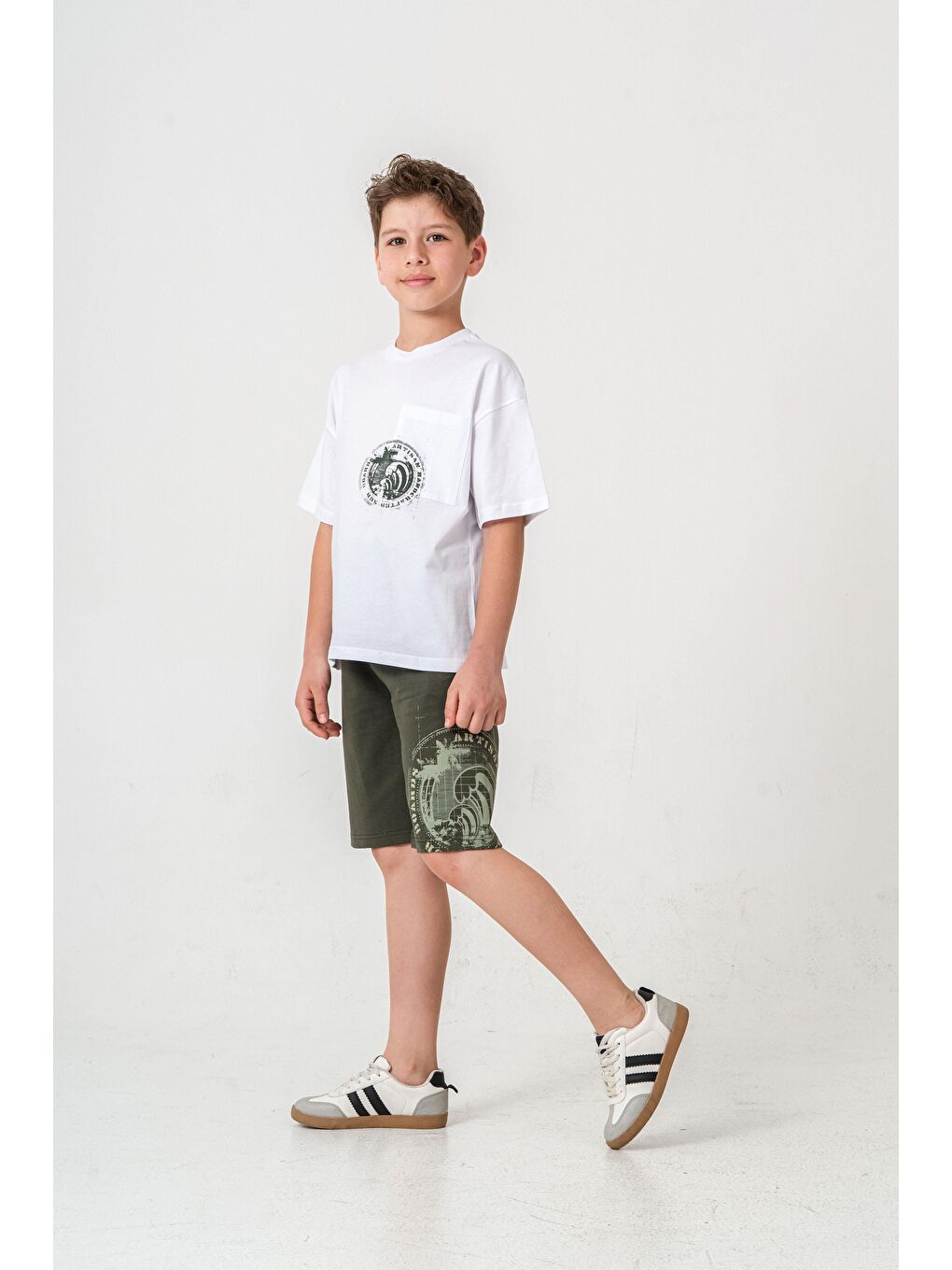 Haki Ust Cepli Ust Cep Baskılı Arka Baskılı Erkek Çocuk Şort - Tişört Takımı-2