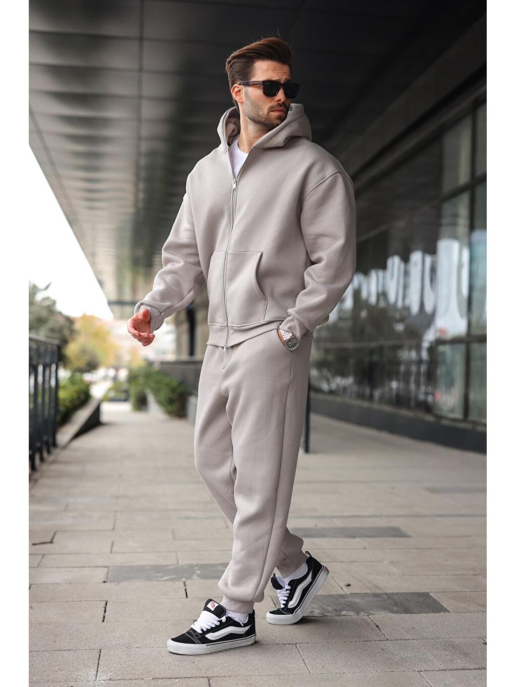 Boyalı Gri Çift Fermuarlı Kapüşonlu Eşofman Takımı E7345-3