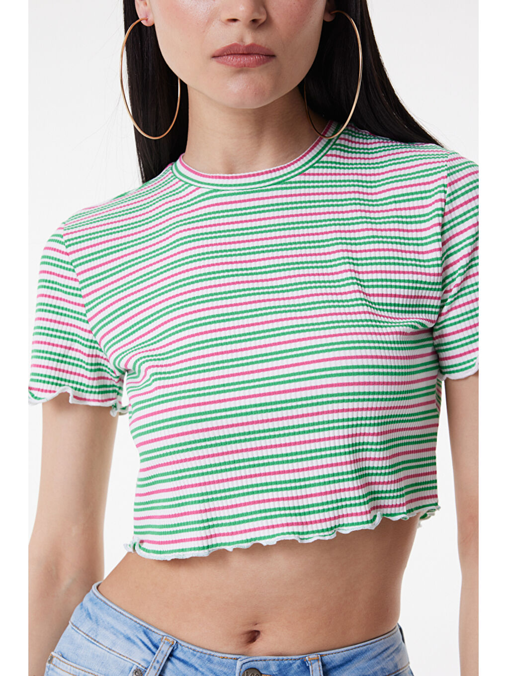 Karışık Slim Fit Dar Kesim Bisiklet Yaka Kısa Kollu Crop Renkli Esnek Tişört-3