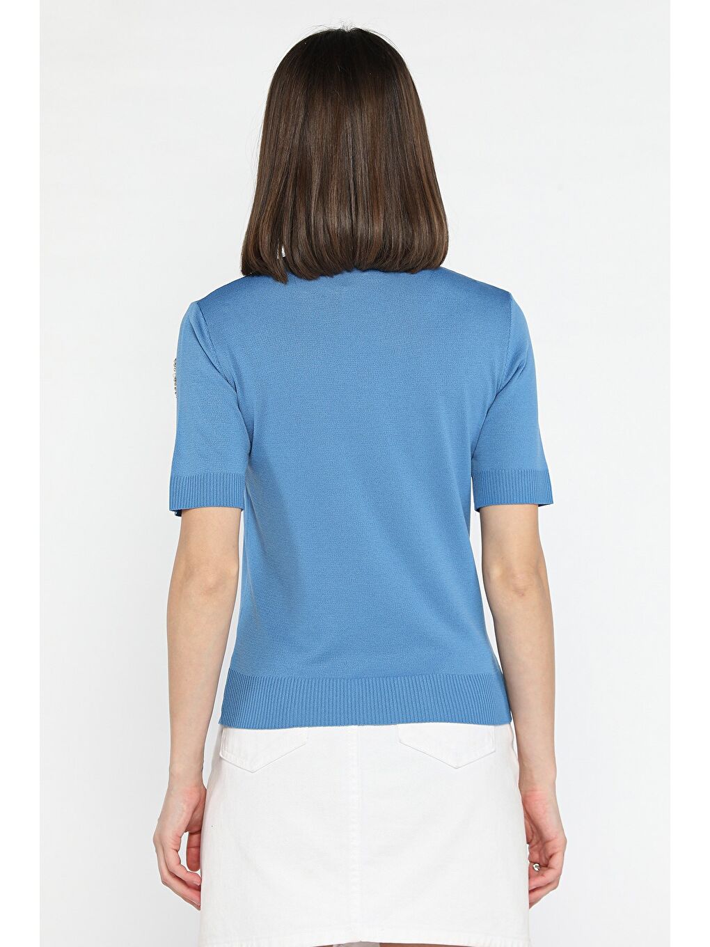 Mavi Taş Detaylı Bisiklet Yaka Kadın Kısa Kol Bluz-3