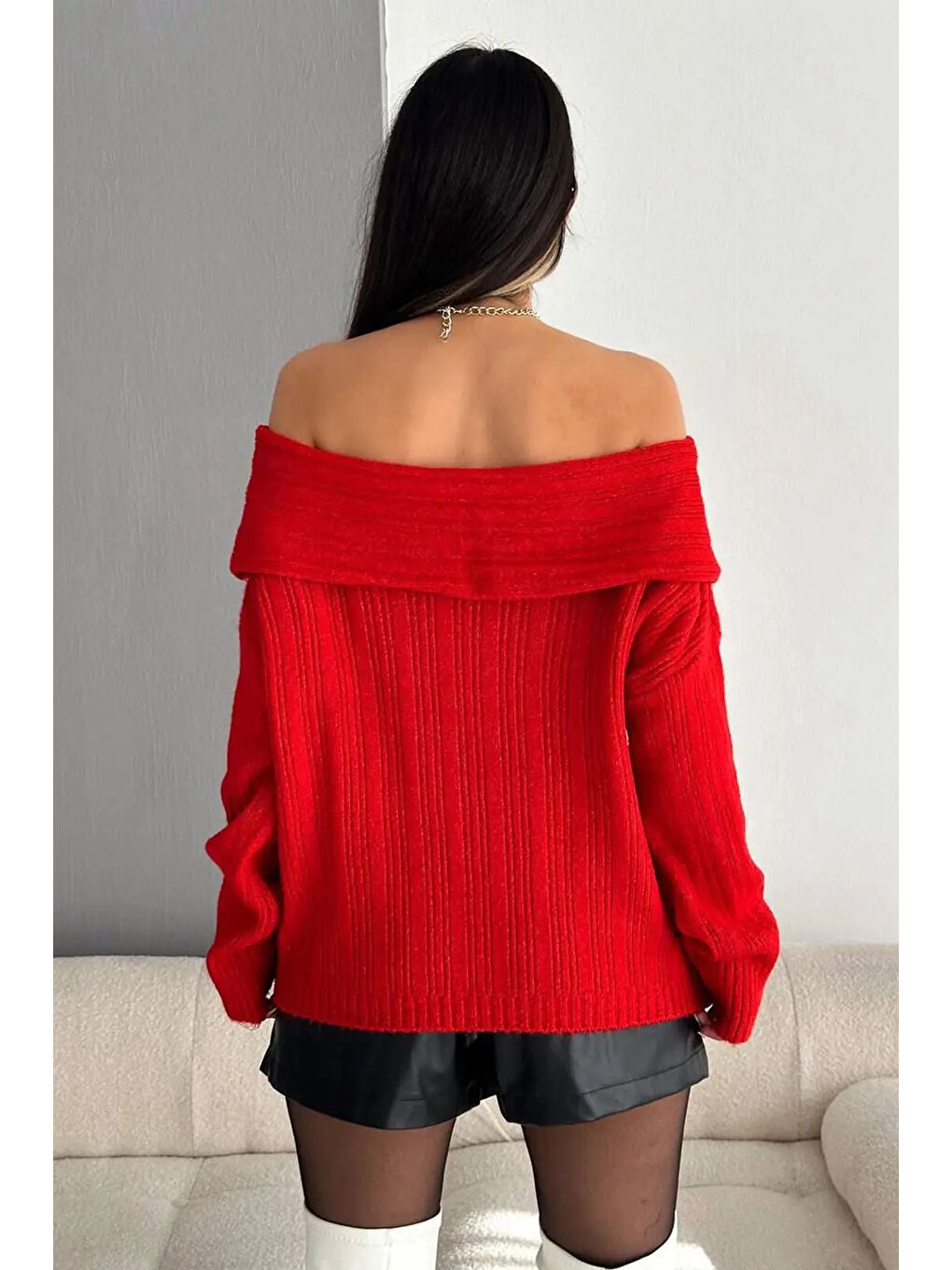 Kadın Madonna Yaka Triko Kırmızı-2