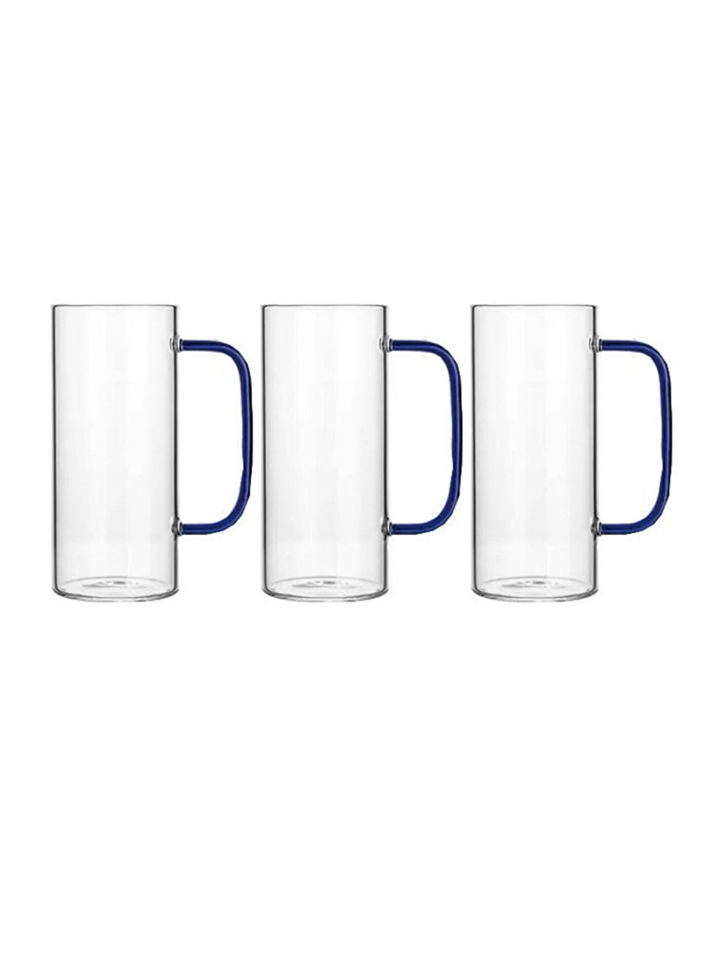 Renksiz Mavi Renkli Borosilikat Cam Kulplu Kupa 400 ml 3 Adet