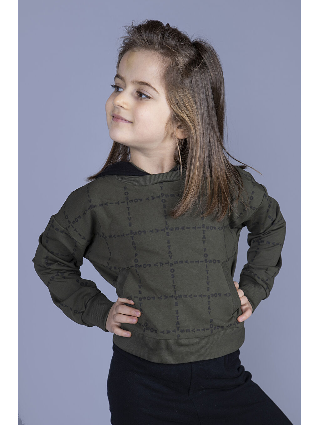 Haki Kız Çocuk Positive Baskılı Crop Sweatshirt-1