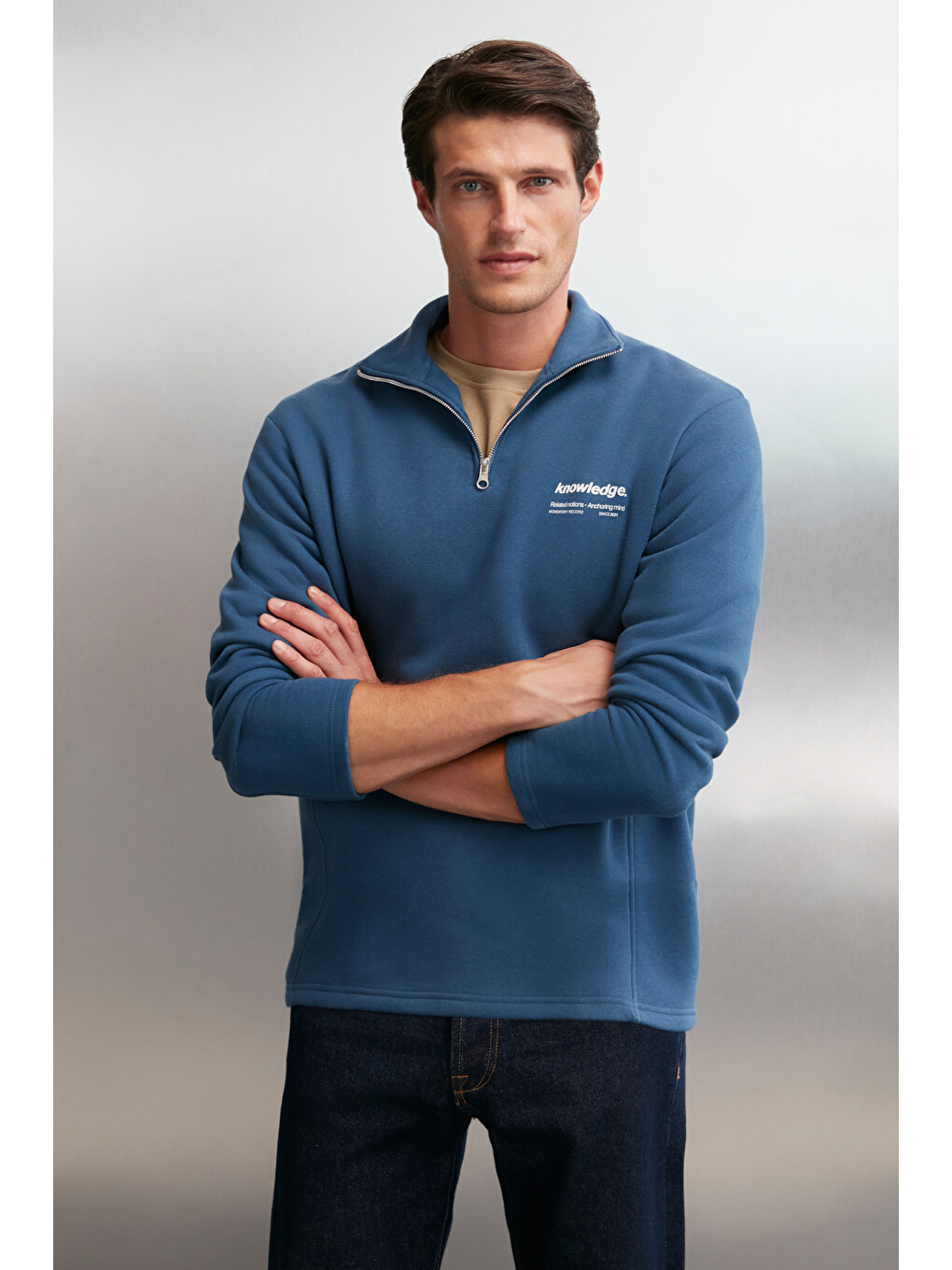 Halden Erkek İçi Polarlı Dik Yaka Yarım Fermuarlı Baskı Detaylı Regular Mavi Sweatshirt-3