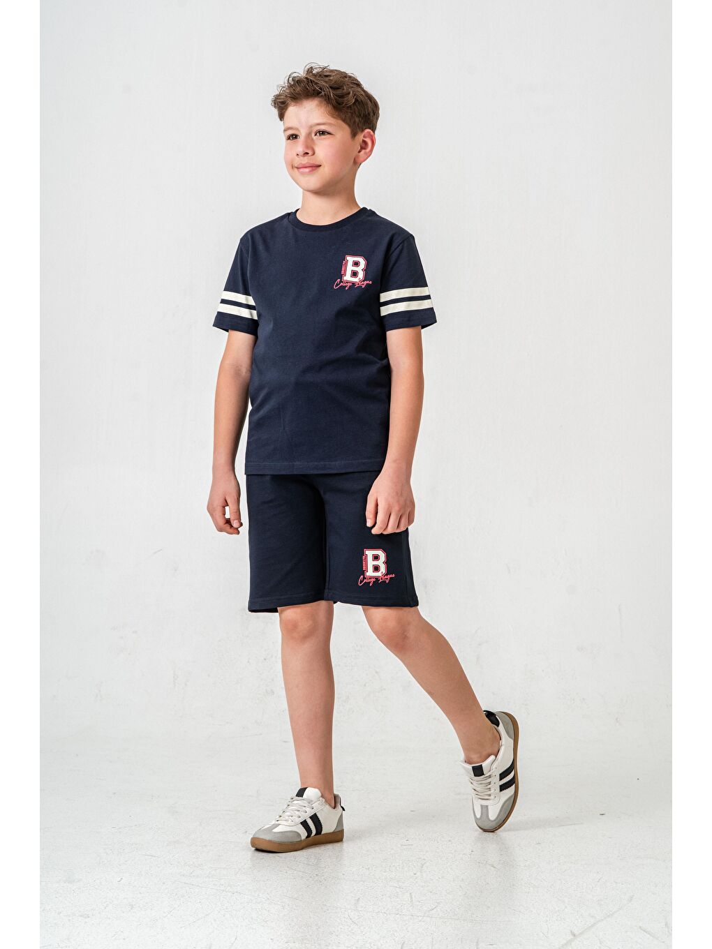 Lacivert Brooklyn College League Baskılı  Erkek Çocuk Şort - Tişört Takımı-1