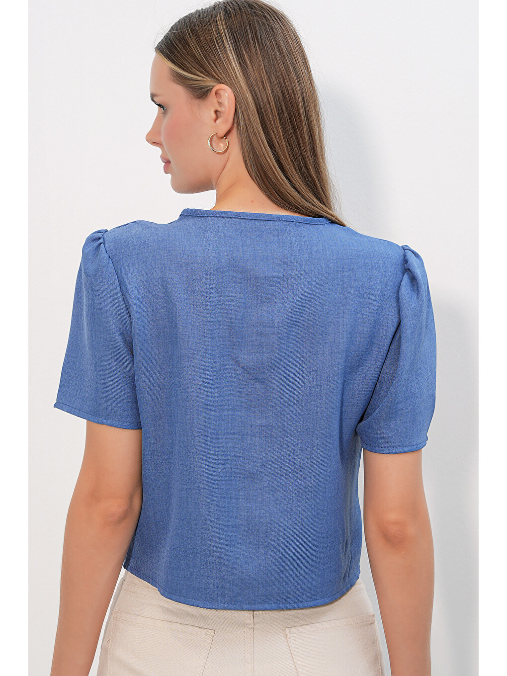 Kadın Kısa Kol Crop Bluz 958 - İndigo-5