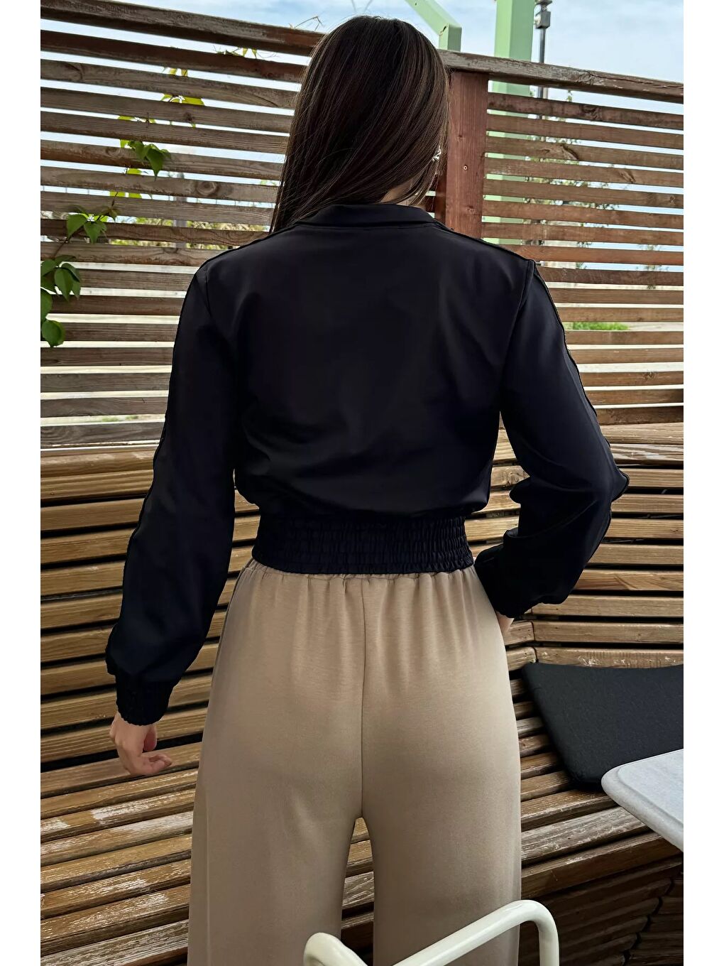 Siyah Kadın Kol Şeritli Bel Lastikli Mevsimlik Ceket-3