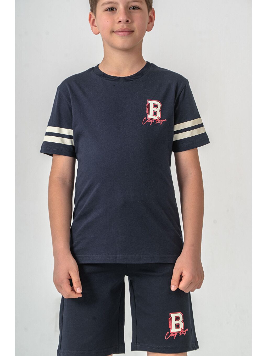 Lacivert Brooklyn College League Baskılı  Erkek Çocuk Şort - Tişört Takımı-3