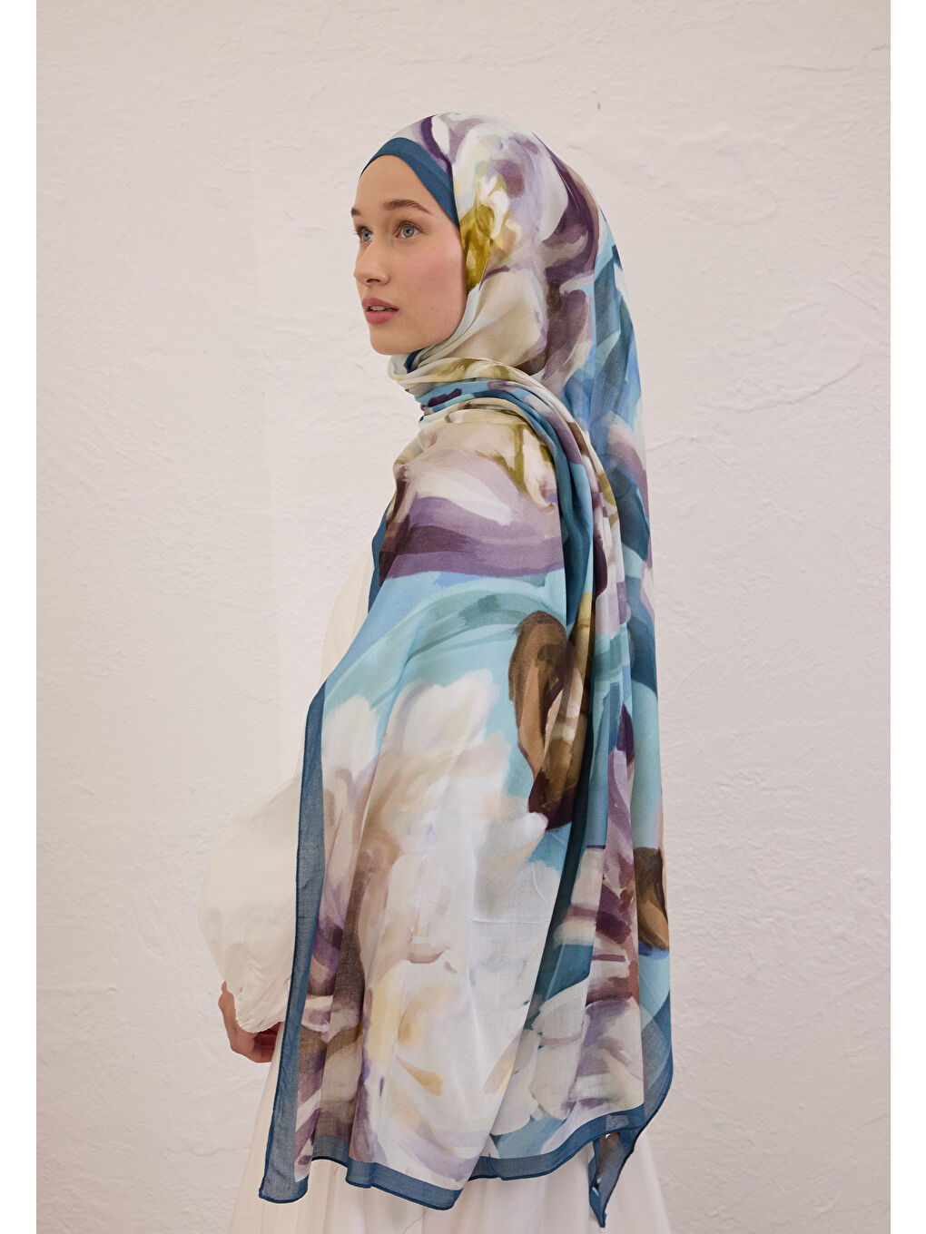 Mavi Gardenıa Desen Rami Şal Okyanus-1