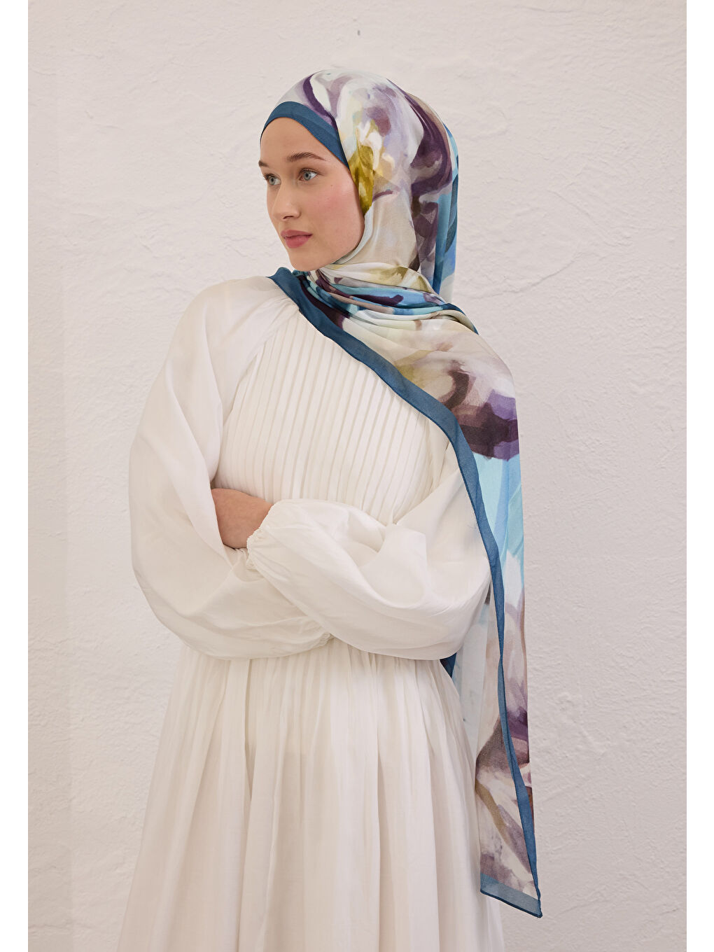 Mavi Gardenıa Desen Rami Şal Okyanus-2