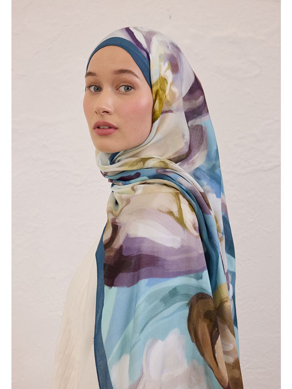 Mavi Gardenıa Desen Rami Şal Okyanus-3