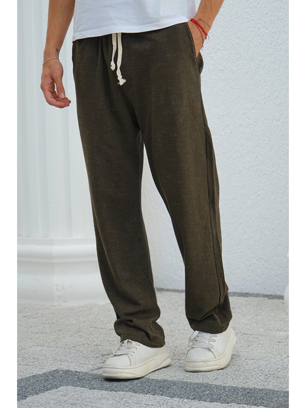 Haki Erkek Baggy Kalıp Eşofman Altı Bağcıklı Rahat Kesim Günlük Pantolon-2