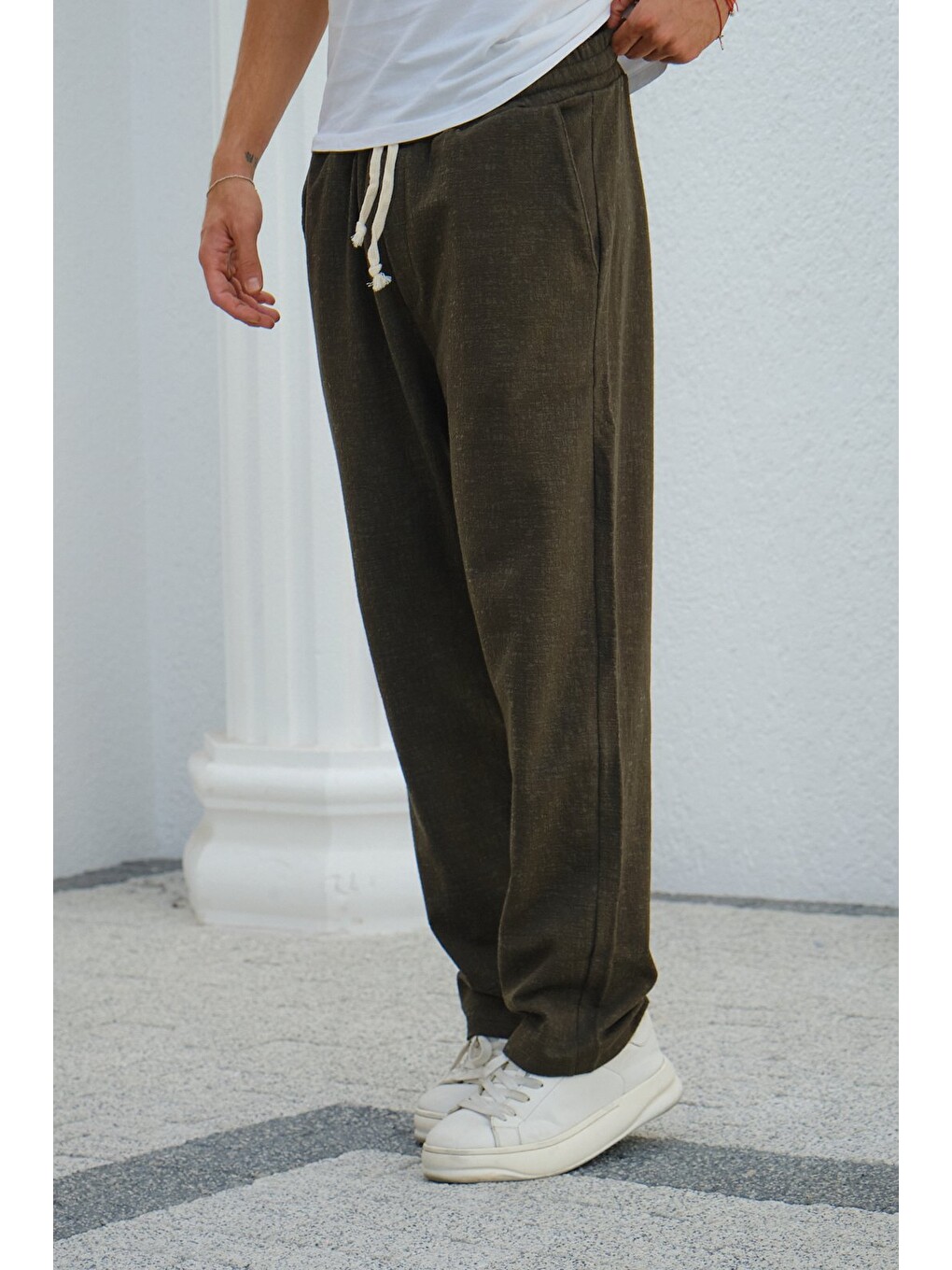 Haki Erkek Baggy Kalıp Eşofman Altı Bağcıklı Rahat Kesim Günlük Pantolon-3