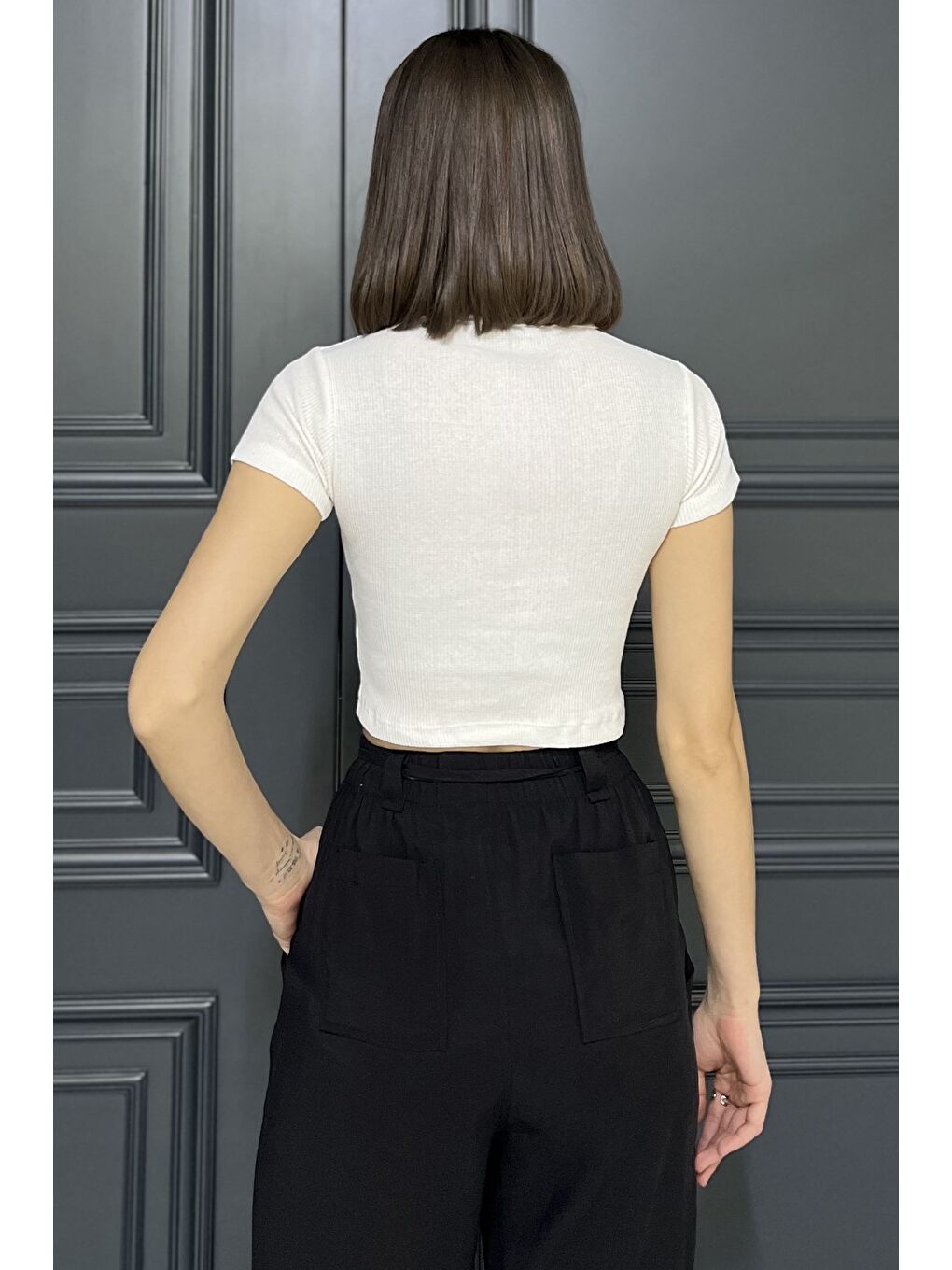 Beyaz Kadın Bisiklet Yaka Fiyonklu Kaşkorse Crop Top Bluz-2