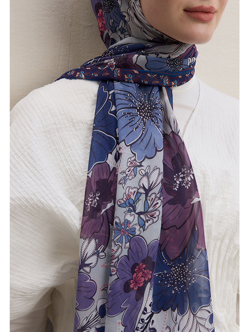 Lila Dahlıa Desen İpek Krep Şal Lavanta-1