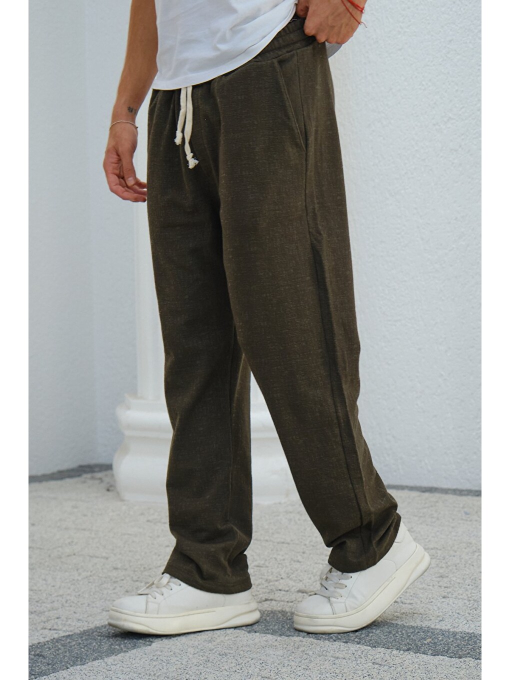 Haki Erkek Baggy Kalıp Eşofman Altı Bağcıklı Rahat Kesim Günlük Pantolon-4