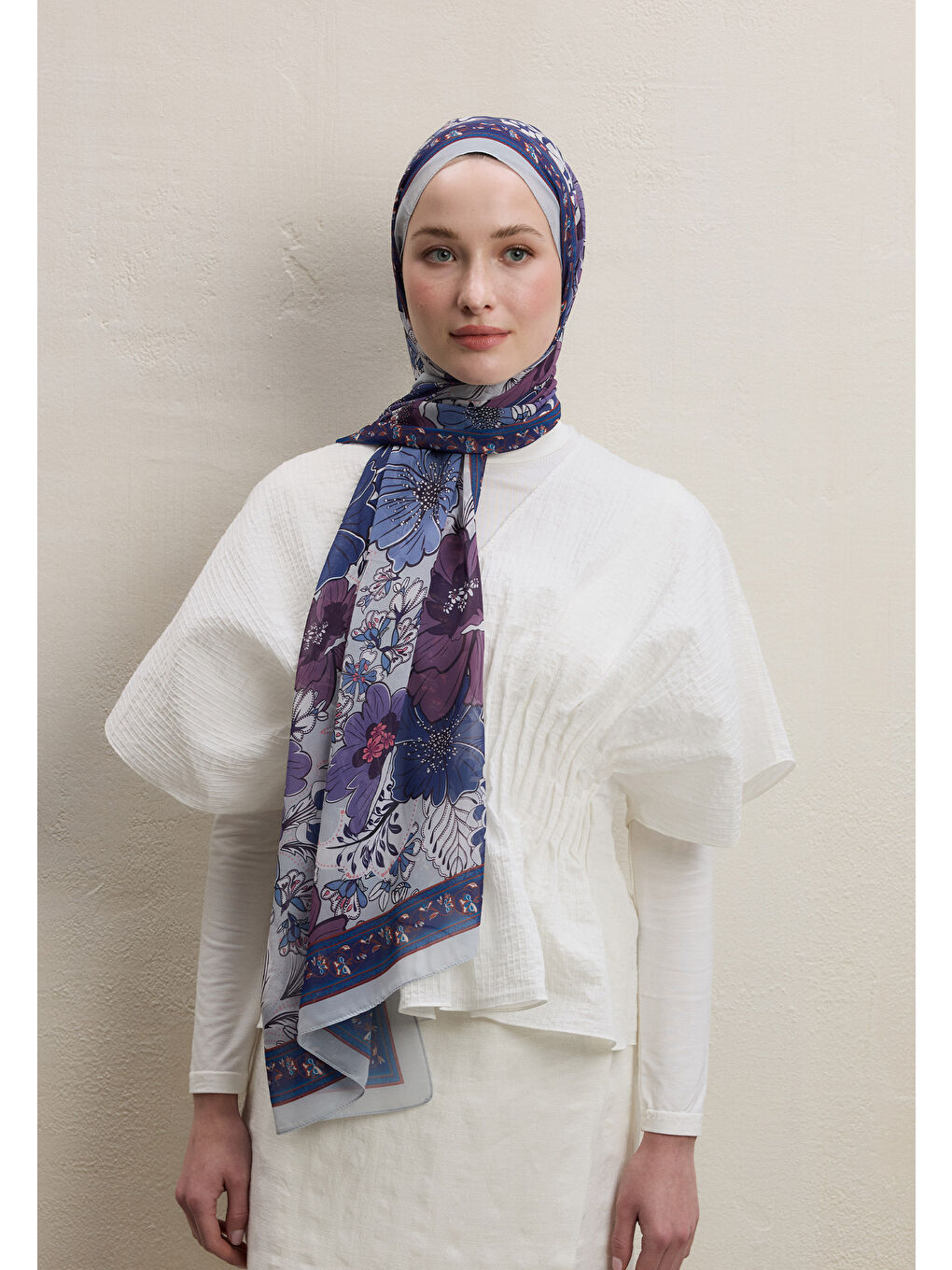 Lila Dahlıa Desen İpek Krep Şal Lavanta-2