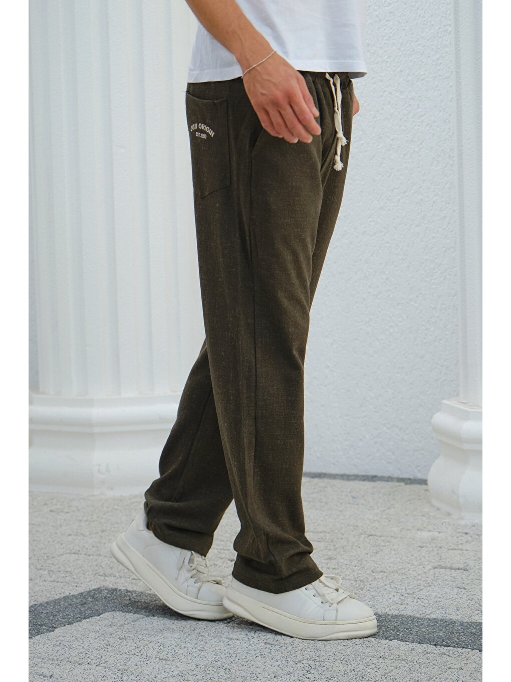 Haki Erkek Baggy Kalıp Eşofman Altı Bağcıklı Rahat Kesim Günlük Pantolon-5