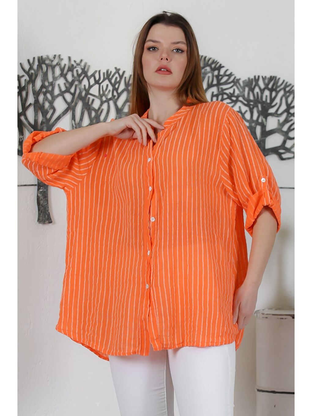 İtalyan Turuncu Düğmeli 3/4 Kol Çizgili Casual Arkası Uzun Dokuma Gömlek