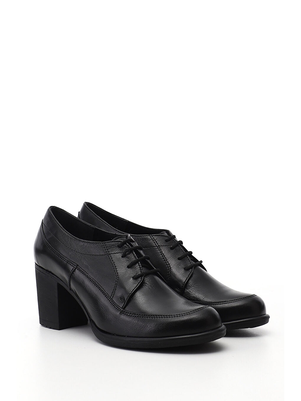 Siyah Kadın SİYAH Bağcıklı Orta Kalın Topuklu Hakiki Deri Ayakkabı-1