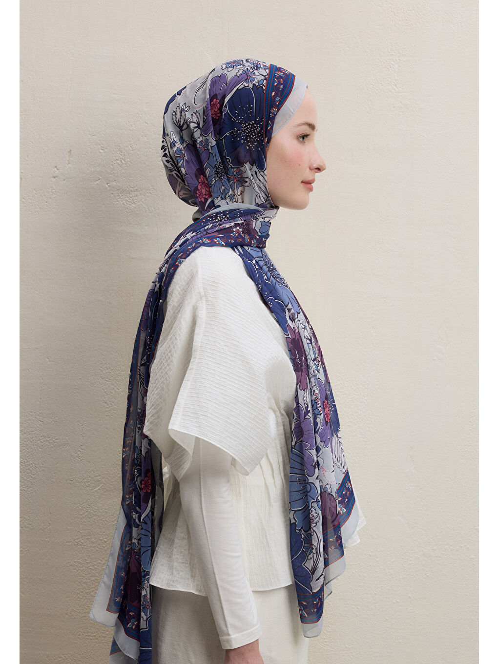 Lila Dahlıa Desen İpek Krep Şal Lavanta-3