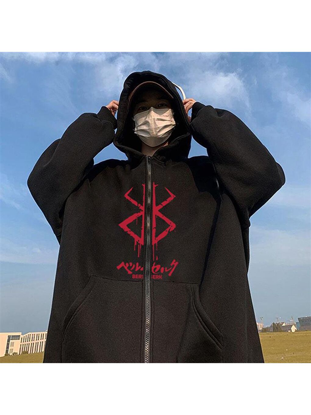 Touz Moda Siyah Berserk Logo Baskılı Oversize Fermuarlı Siyah Unisex Kapüşonlu Hırka