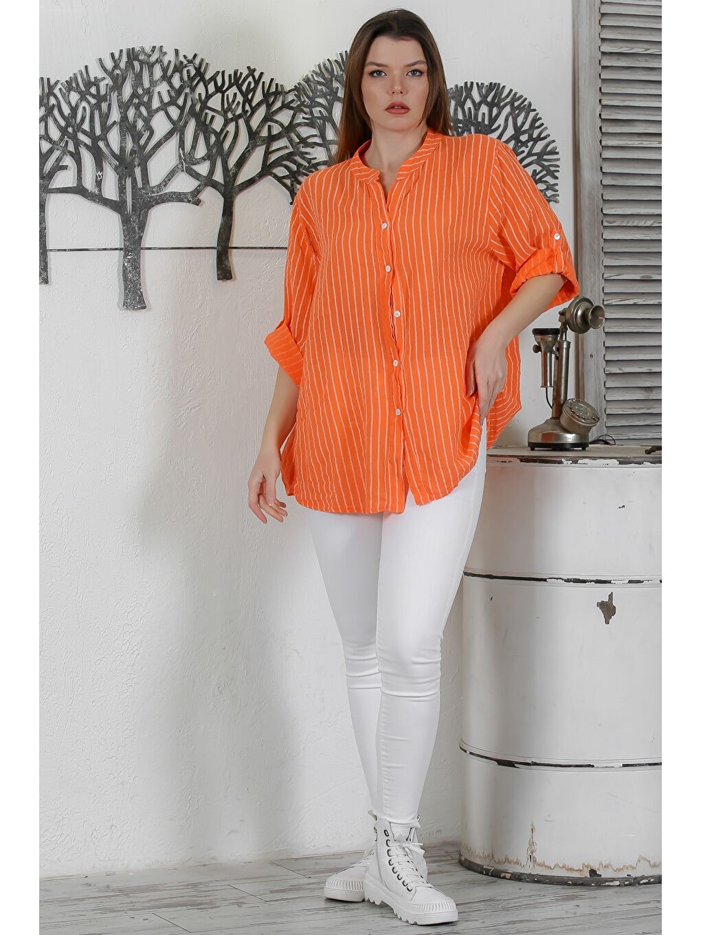 İtalyan Turuncu Düğmeli 3/4 Kol Çizgili Casual Arkası Uzun Dokuma Gömlek-5
