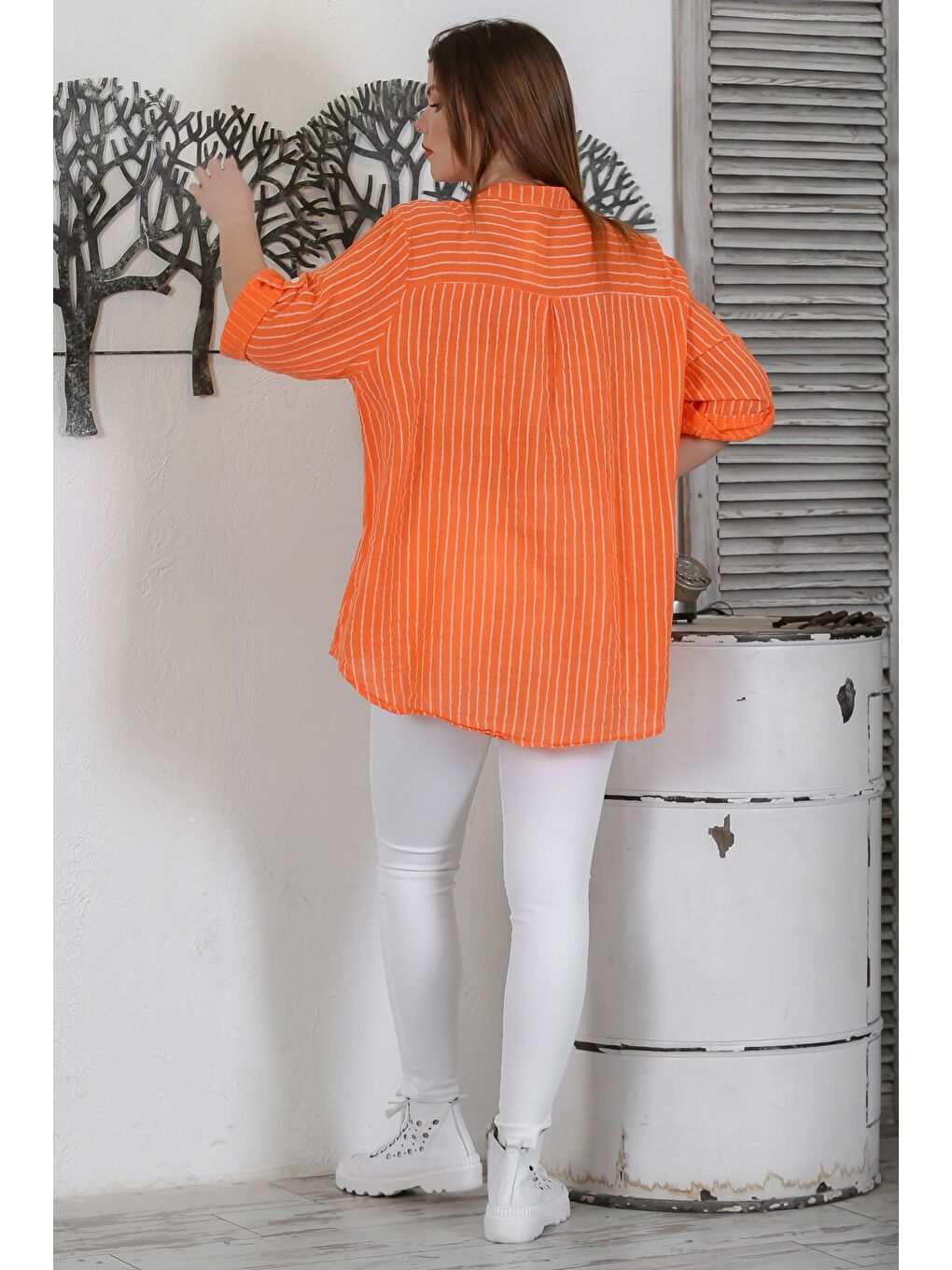 İtalyan Turuncu Düğmeli 3/4 Kol Çizgili Casual Arkası Uzun Dokuma Gömlek-6