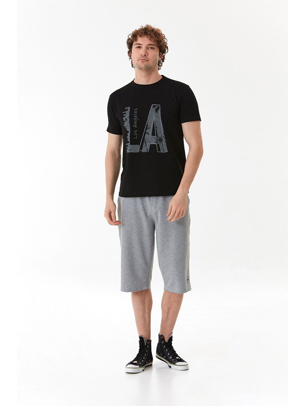 Siyah Los Angeles Yazı Baskılı Bisiklet Yaka Tişört-1
