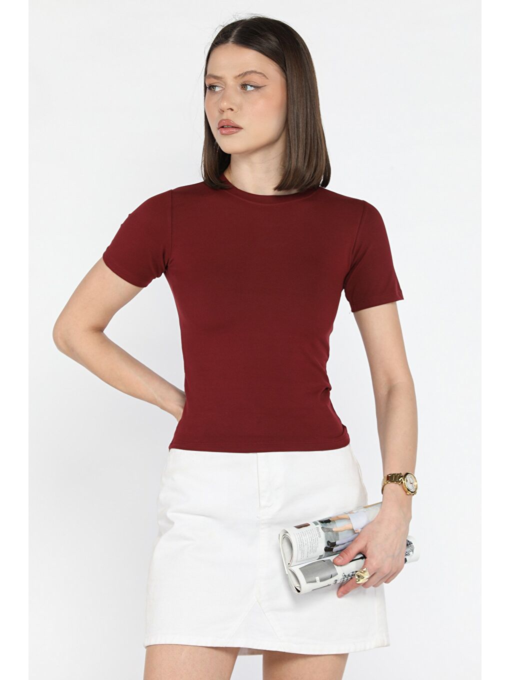 Bordo Kadın Bisiklet Yaka Elastanlı Modal Kumaş Crop Top Bluz