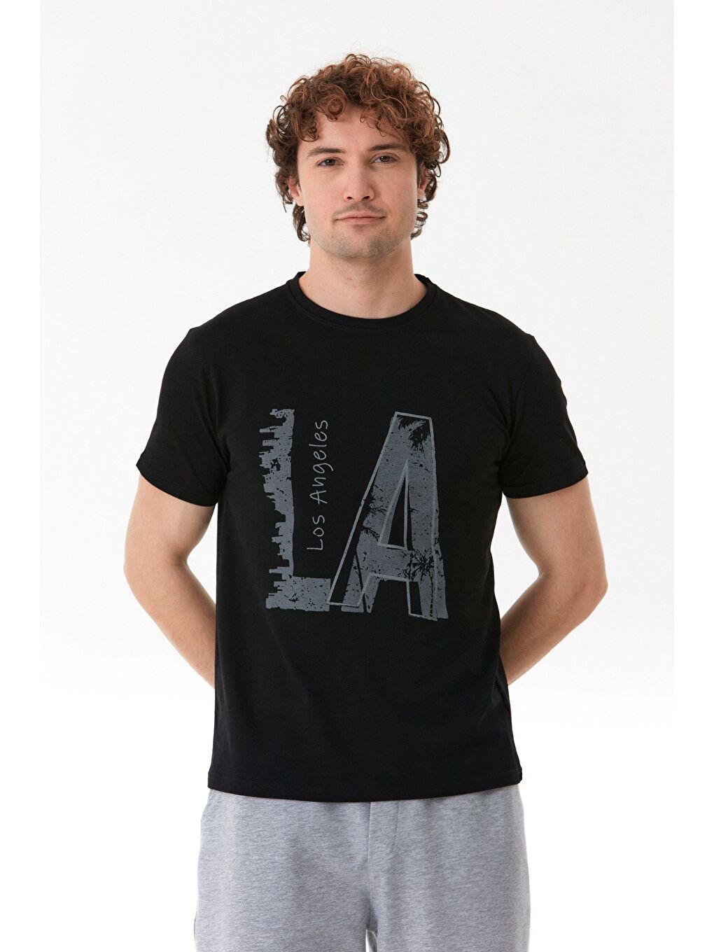 Siyah Los Angeles Yazı Baskılı Bisiklet Yaka Tişört-2