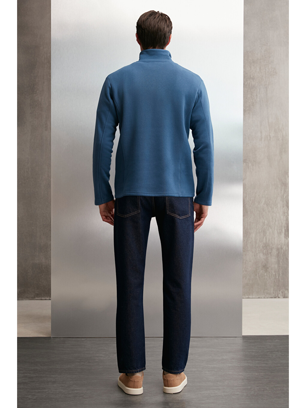 Halden Erkek İçi Polarlı Dik Yaka Yarım Fermuarlı Baskı Detaylı Regular Mavi Sweatshirt-5