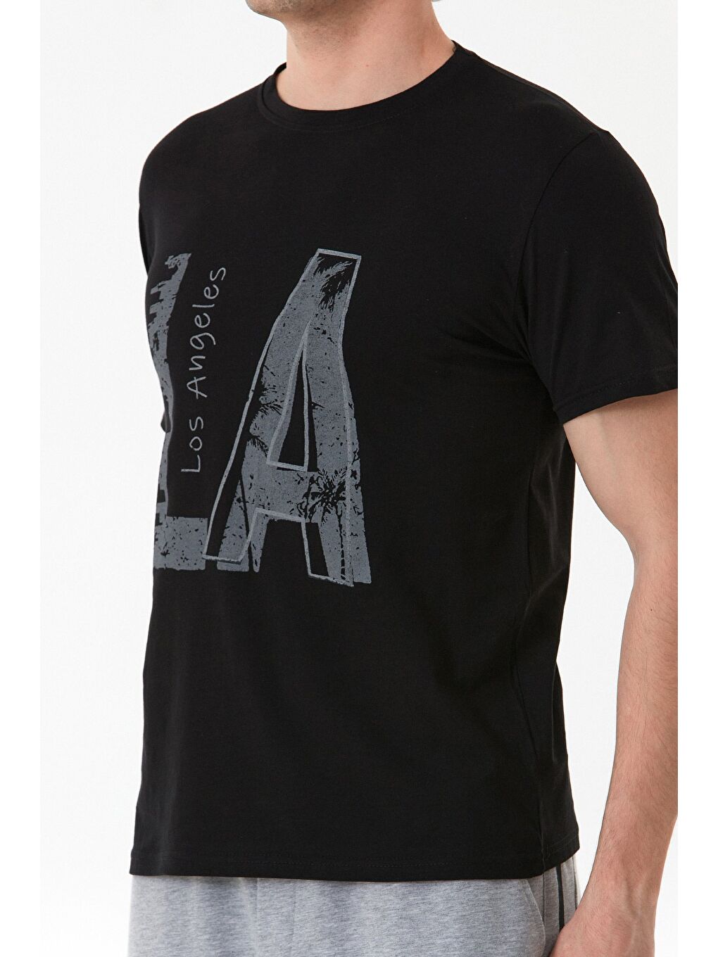 Siyah Los Angeles Yazı Baskılı Bisiklet Yaka Tişört-4