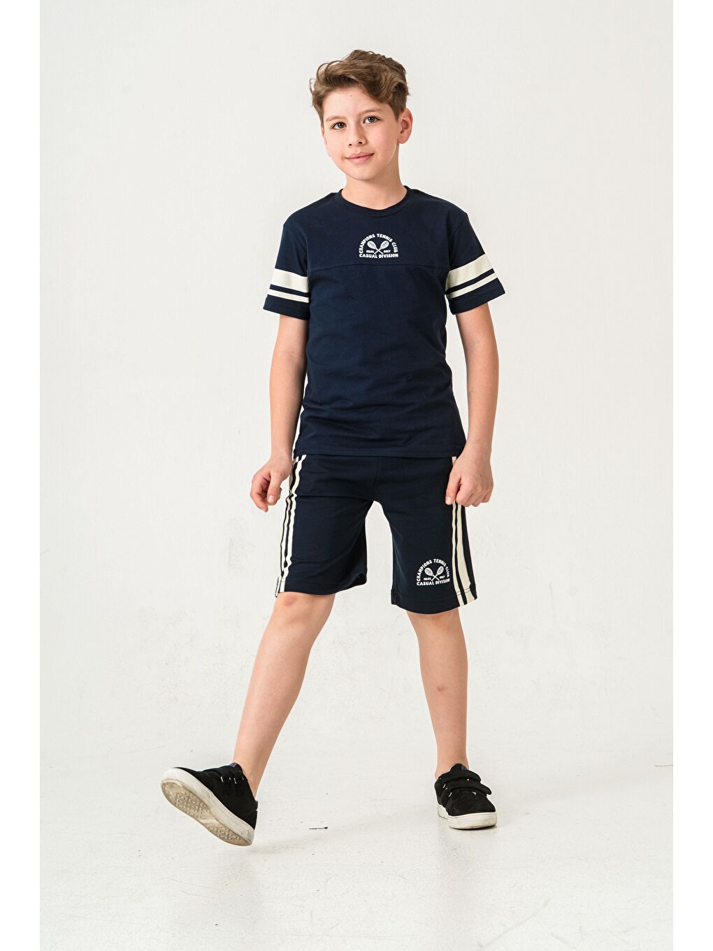 Lacivert Champions Tennis Club Casual Division Baskılı  Erkek Çocuk Şort - Tişört Takımı