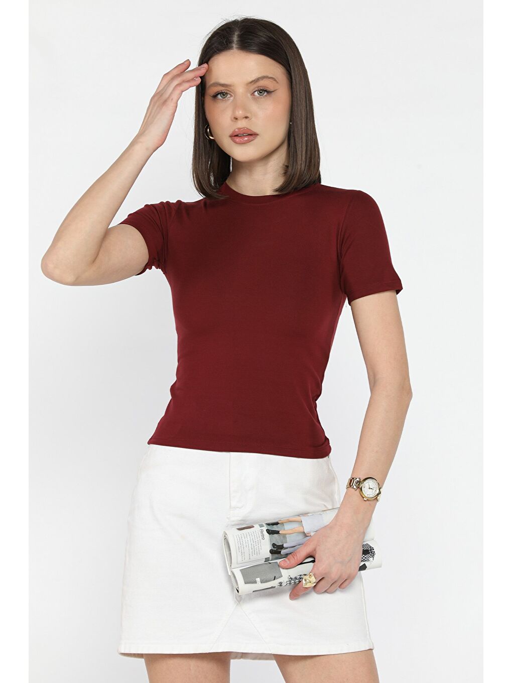 Bordo Kadın Bisiklet Yaka Elastanlı Modal Kumaş Crop Top Bluz-1