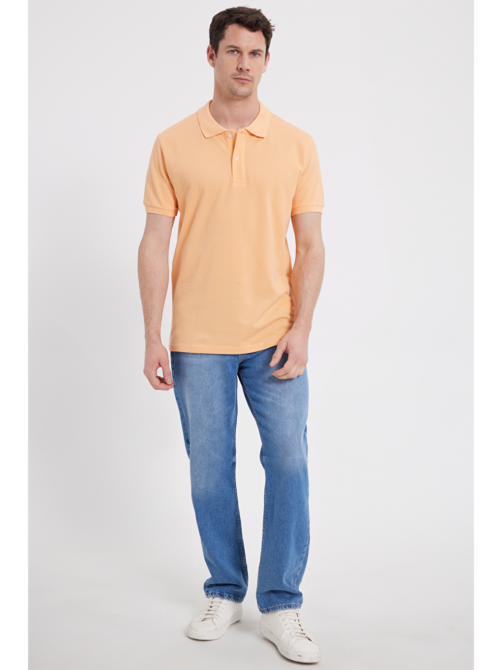 Erkek Slim Fit Dar Kesim %100 Pamuk Kısa Kollu Polo Yaka Turuncu Tişört-2