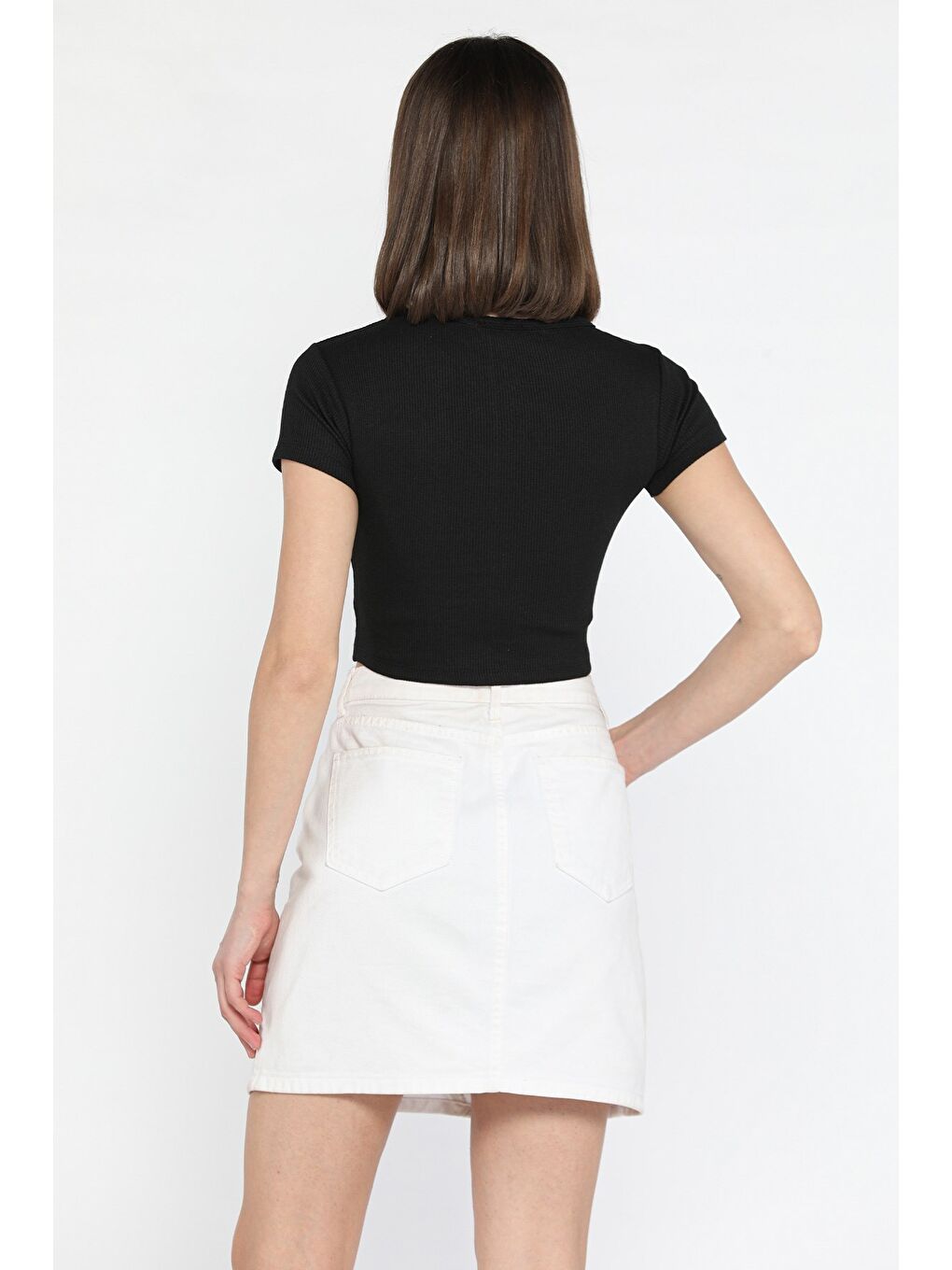 Siyah Kadın Bisiklet Yaka Fiyonklu Kaşkorse Crop Top Bluz-3