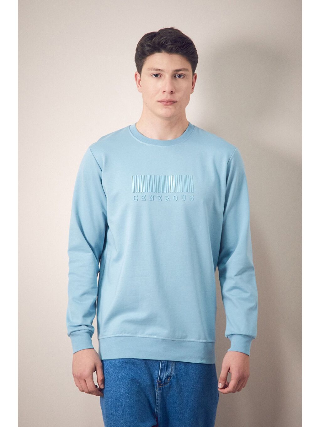 Mavi Yazı Kabartmalı Bisiklet Yaka Sweatshirt-1