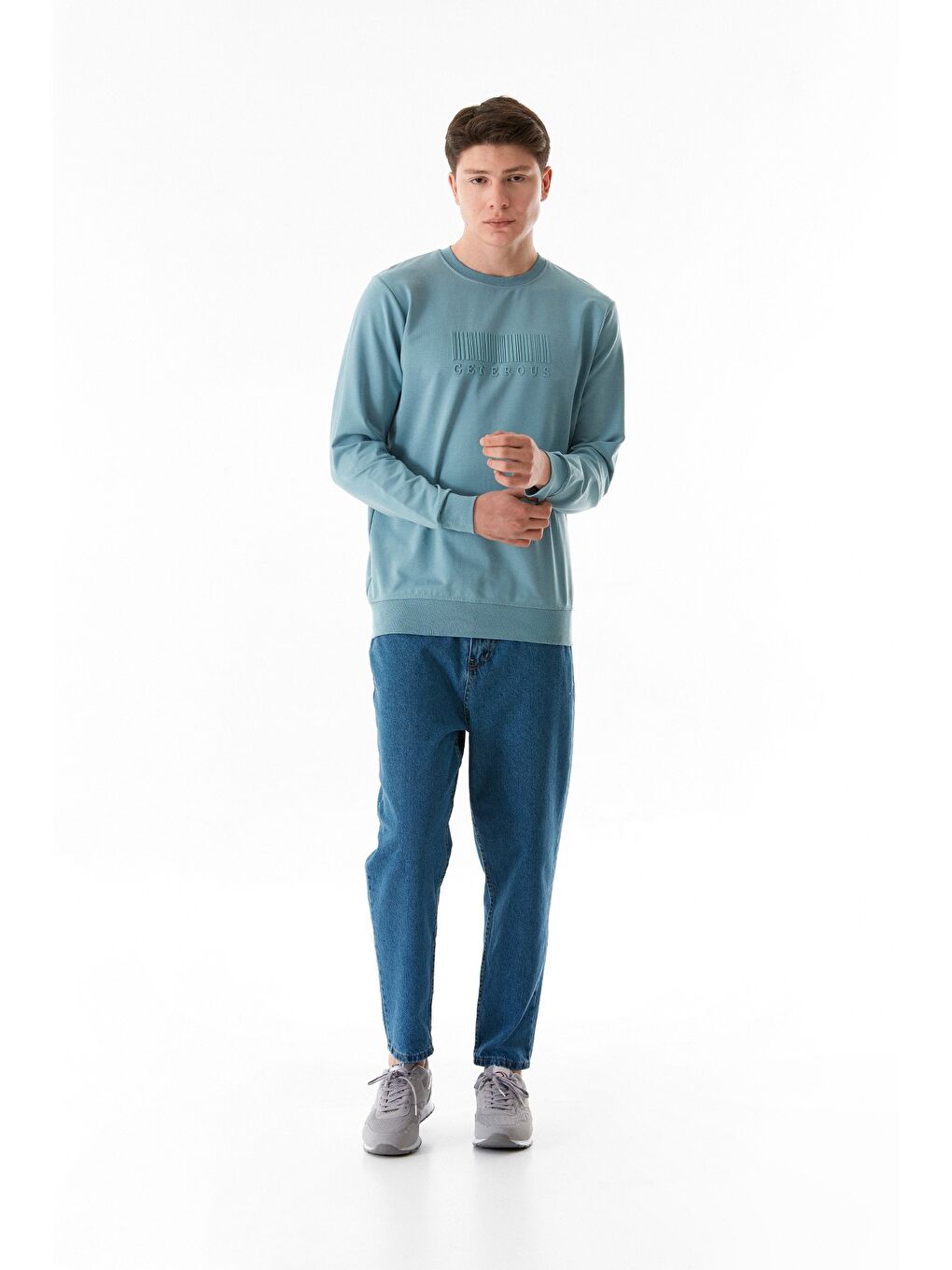 Mavi Yazı Kabartmalı Bisiklet Yaka Sweatshirt-3