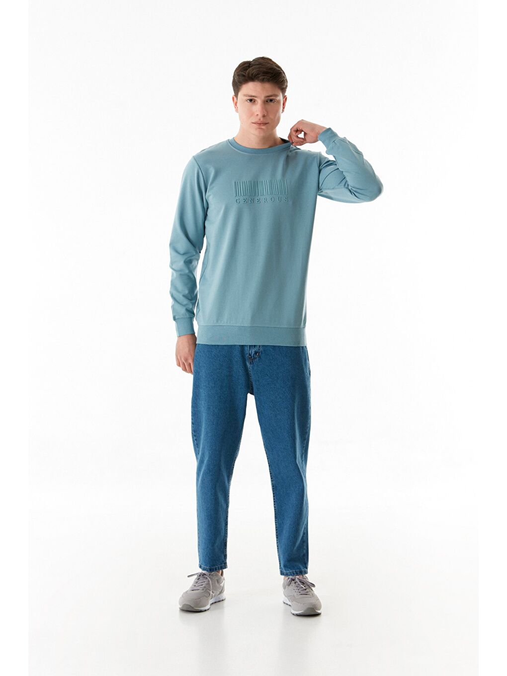 Mavi Yazı Kabartmalı Bisiklet Yaka Sweatshirt-4