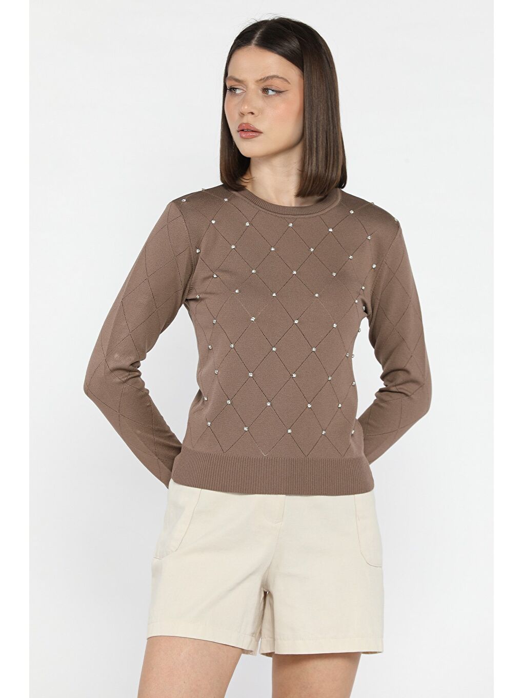 Bej Kadın Bisiklet Yaka Taş İşlemeli Triko Bluz-1