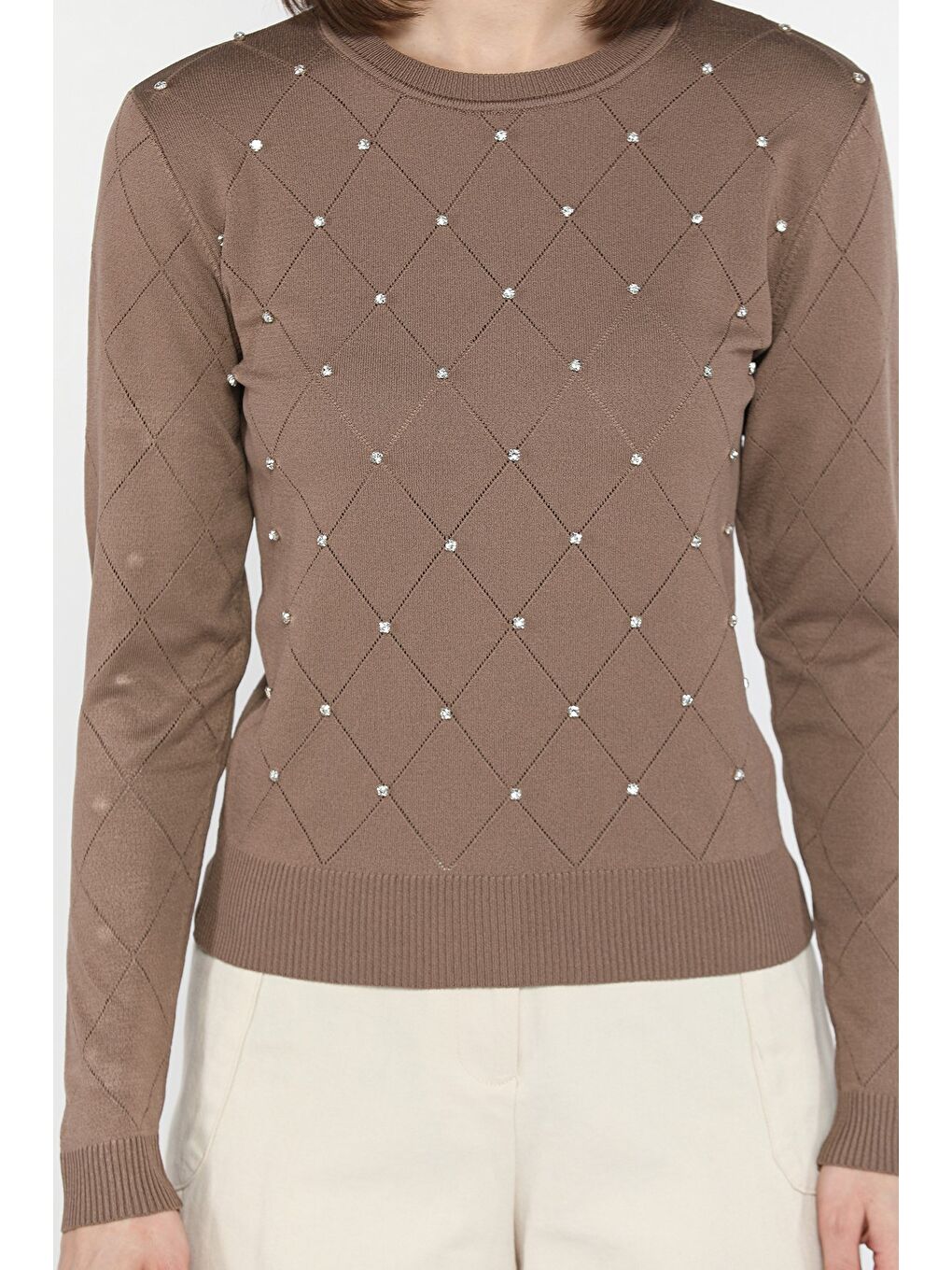 Bej Kadın Bisiklet Yaka Taş İşlemeli Triko Bluz-2