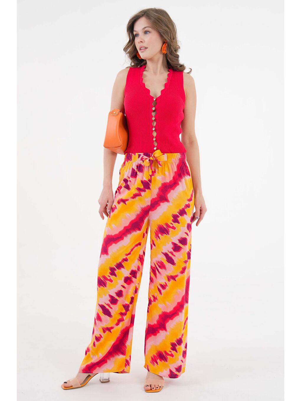 Pembe Somon Kadın Desenli Beli Lastikli Bağlamalı Bol Paça Dokuma Pantolon - Viskon-1