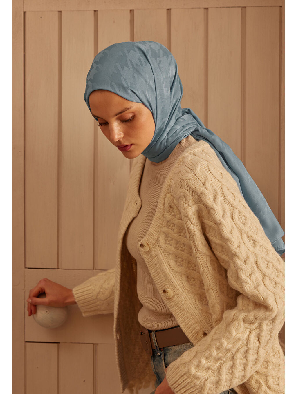 Kazayağı Jakarlı Şal Açık Mavi