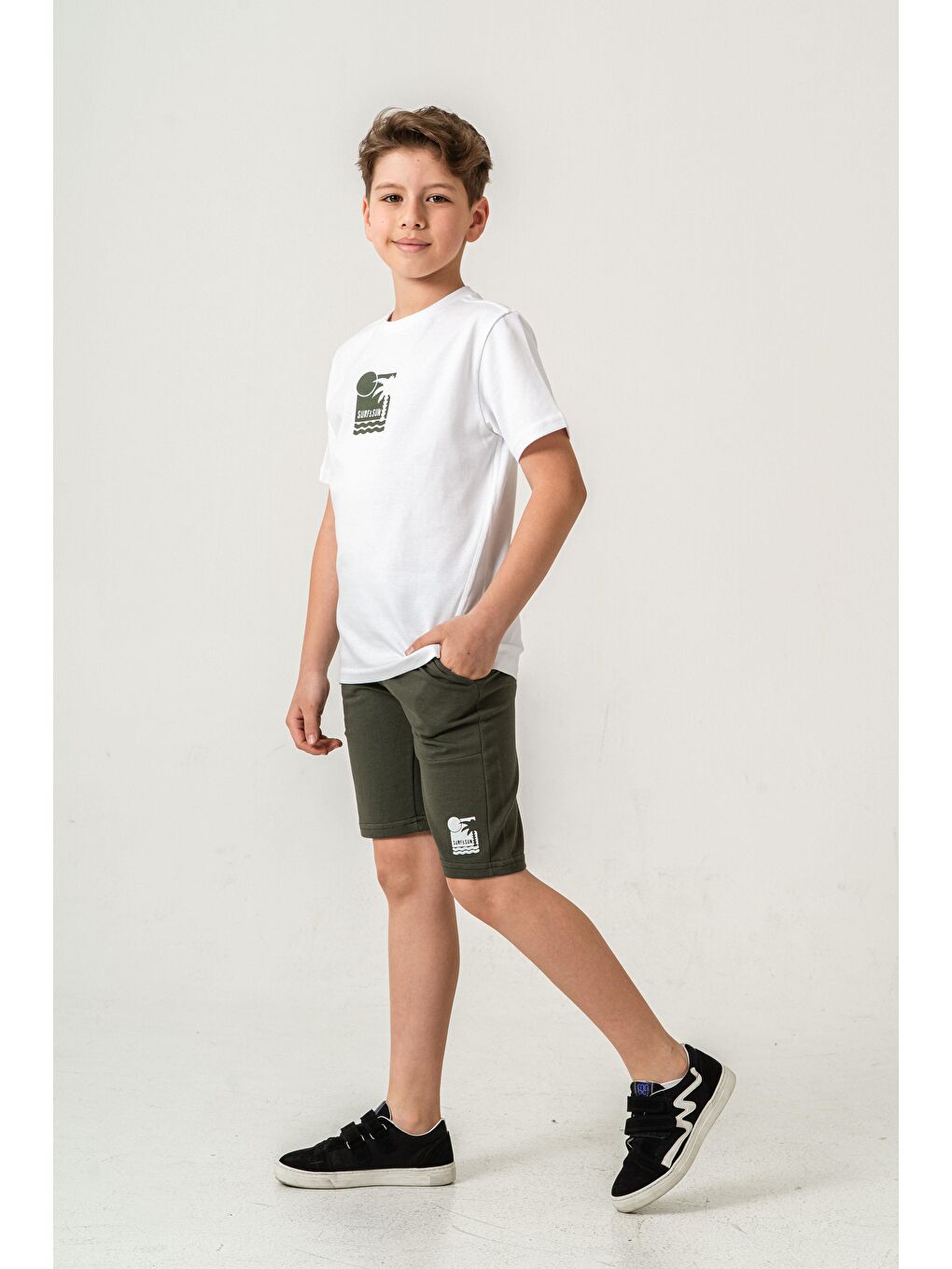 Haki Surf & Sun Baskılı Erkek Çocuk Şort - Tişört Takımı-1