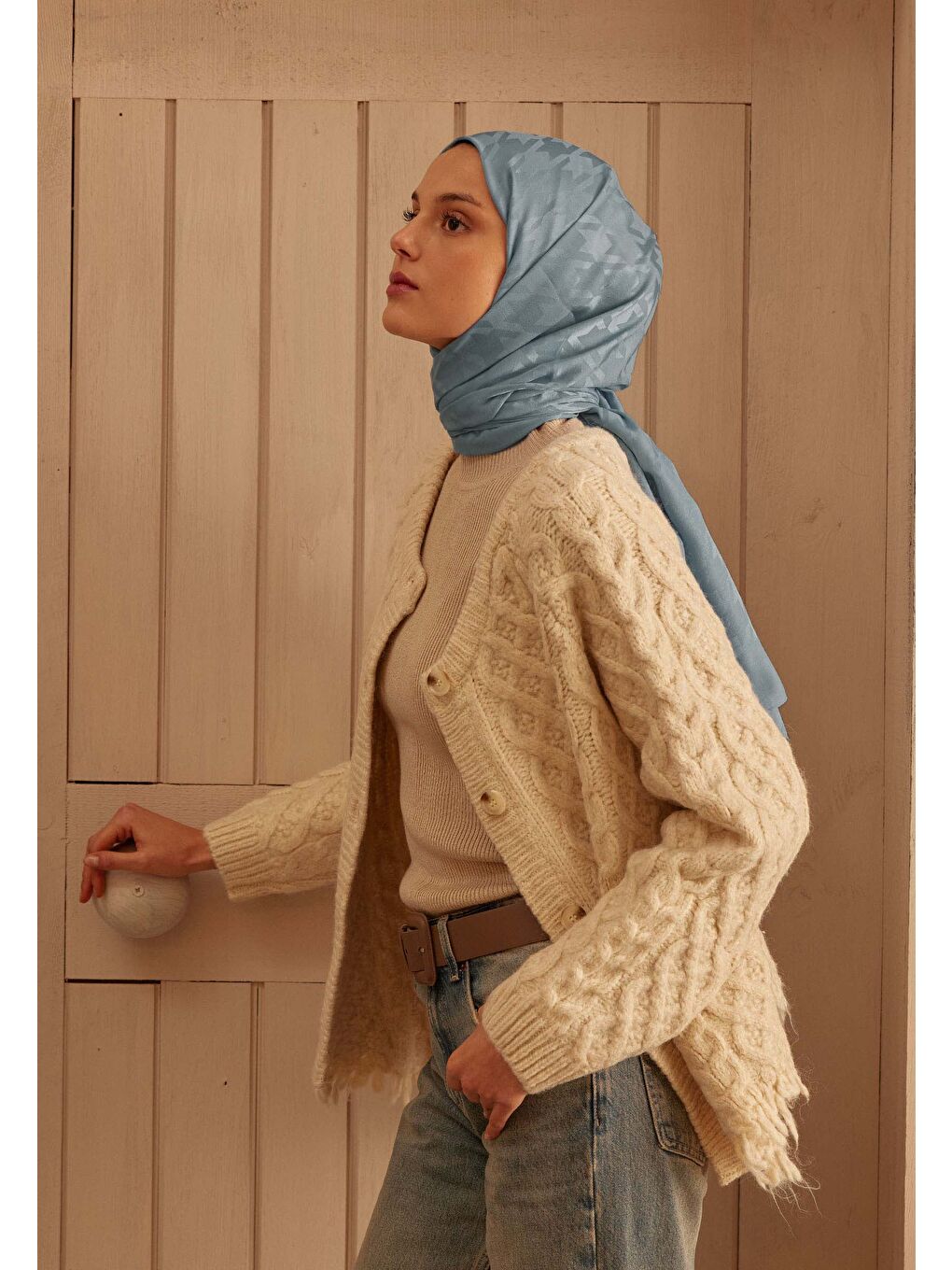 Kazayağı Jakarlı Şal Açık Mavi-1