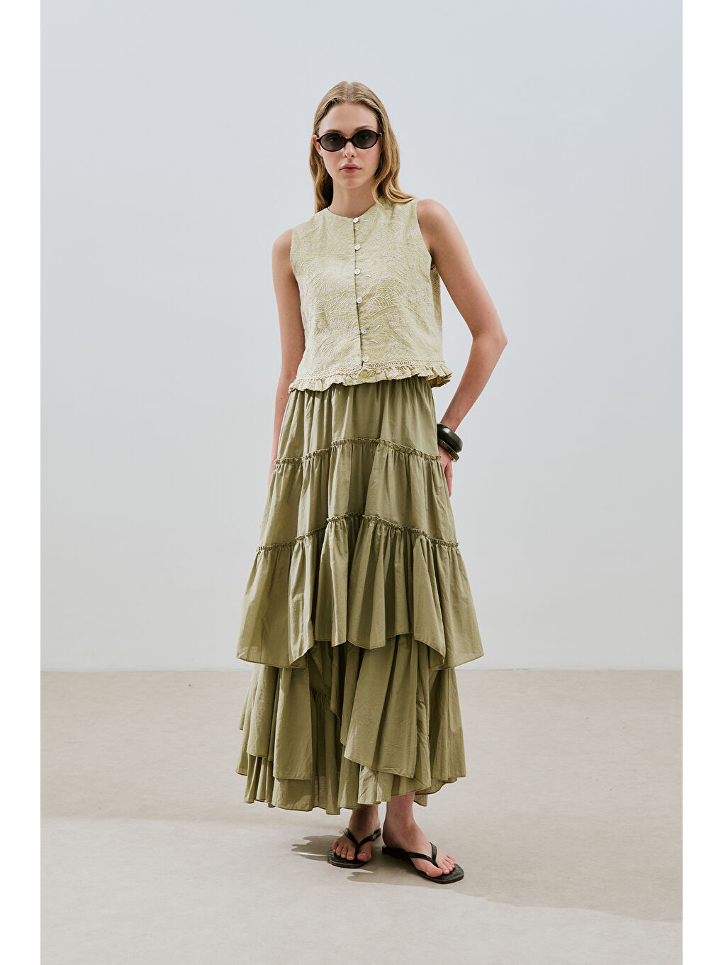 Yeşil Katlı Boho Vual Etek Çağla