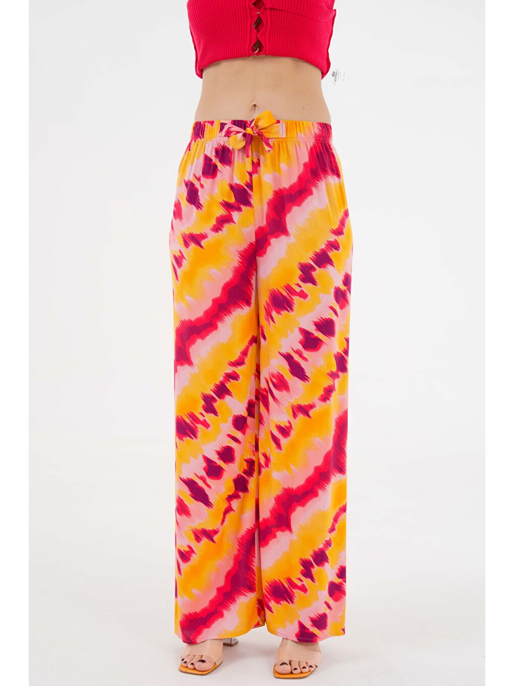 Pembe Somon Kadın Desenli Beli Lastikli Bağlamalı Bol Paça Dokuma Pantolon - Viskon-2